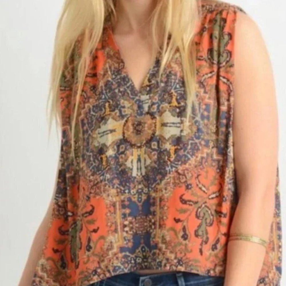 Free People Orange Navy Patterned Sleeveless Tank Top